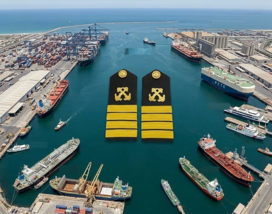 Master Mariner shoulder boards with four gold stripes over a busy port with container, bulk, tanker and car-carrier berths